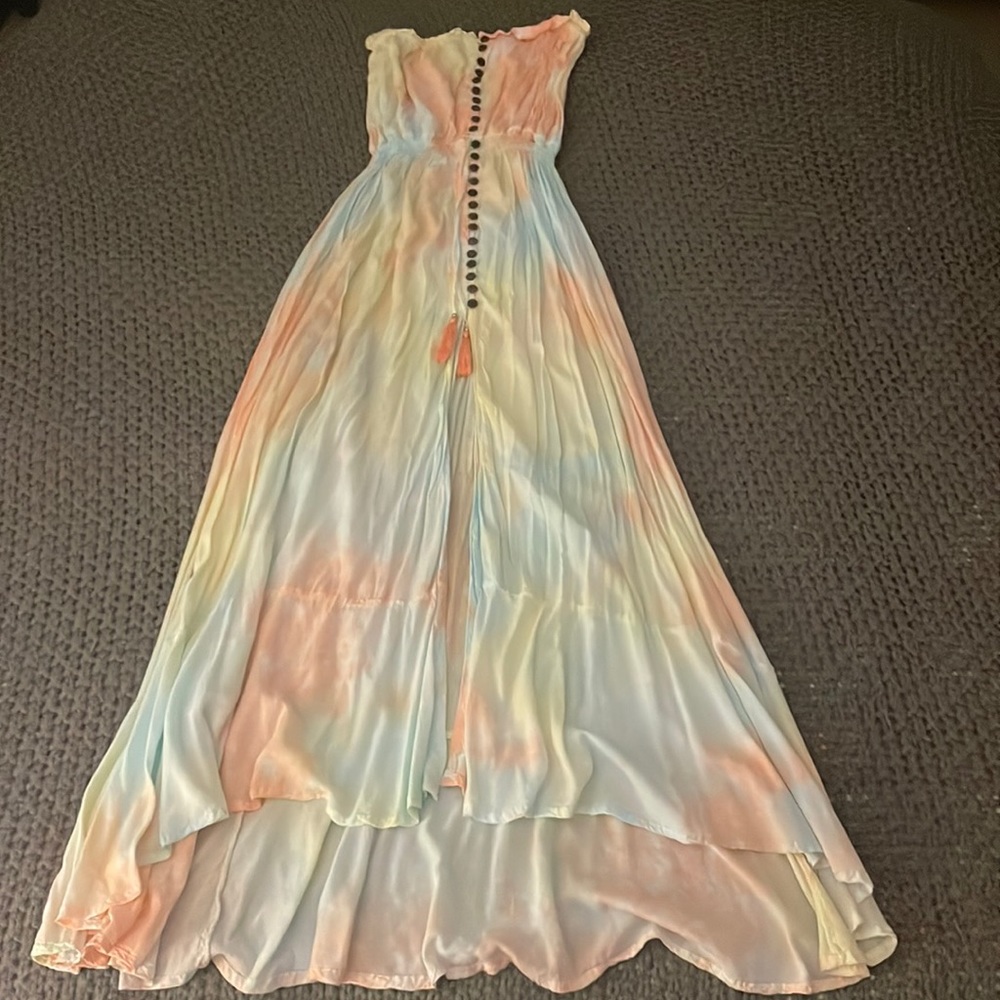 Full length strapless tie dye beach dress with button front and elastic waist